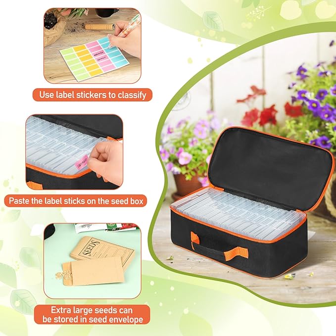 FACULX 15 Slots Seed Storage Box with 20 Seed Envelopes, Large Capacity Seeds Organizer Container with Zipper Bag Label Stickers, Seeds Saving Container for Garden Vegetable and Flower (Orange)