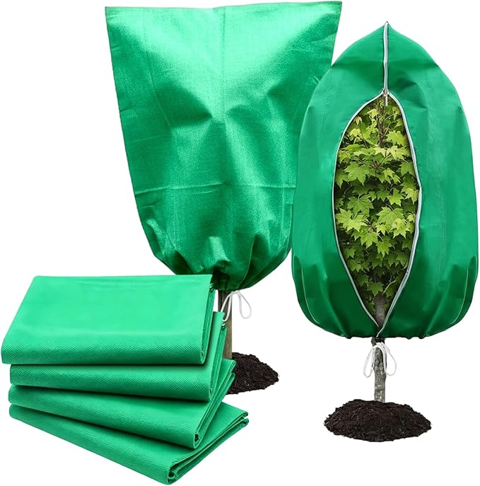4 Pack Frost Blankets for Outdoor Plant Covers Freeze Protection Frost Covers（31.5" x 47.3"） with Zipper Drawstring Outdoor Winter Frost Cold Weather Shrubs Trees Jacket Covers(Green)