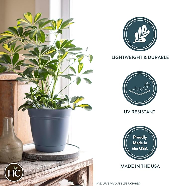 The HC Companies 8 Inch Eclipse Round Planter Pots with Drainage Holes & Attached Saucer, Lightweight UV-Resistant Plastic Indoor & Outdoor Planters, 6-Pack Flower Pots for Garden & Home Decor, Teal