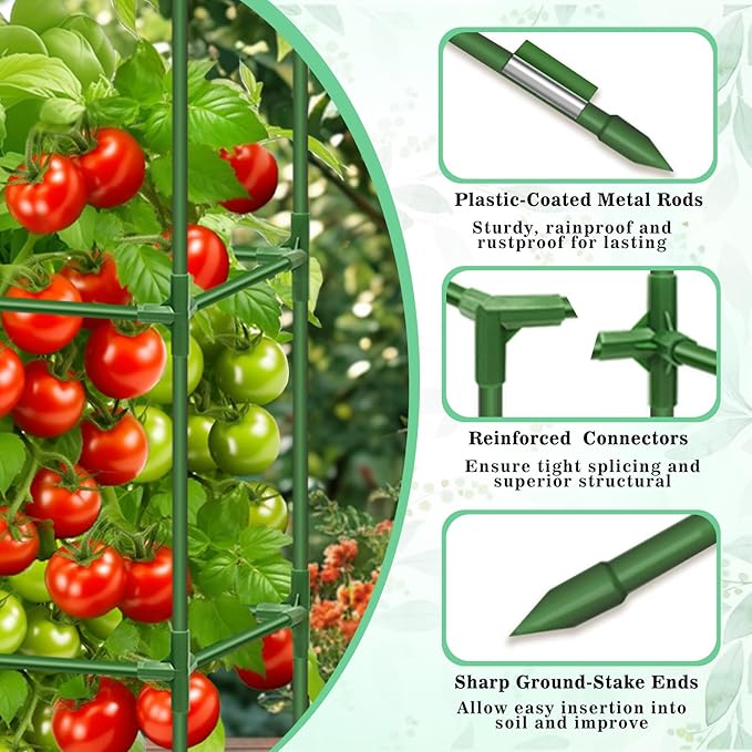 Riare 6 Pack Square Tomato Cages for Garden Plant Support- Up to 45 Inch Tomato Cage Garden Stakes Tomato Trellis for Potted Plants Raised Garden Bed Climbing Vegetables Flowers Outdoor Indoor