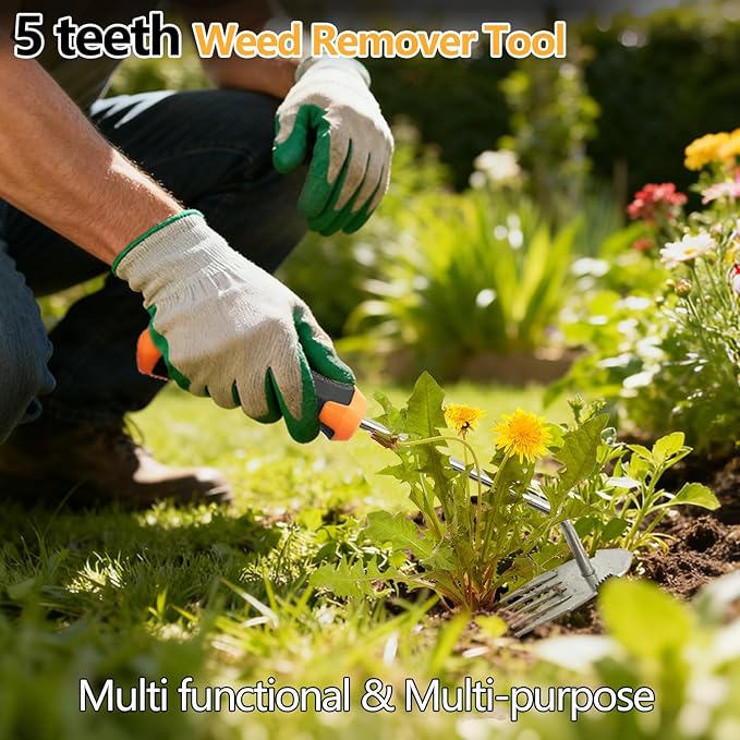 Weed Puller Tool,Newly Upgraded Garden Weeder Stainless Steel Hand Weeder Tool,Multi-Purpose 5 Teeth Weed Remover Tool Weeding Tools for Gardening (Rubber Handle)