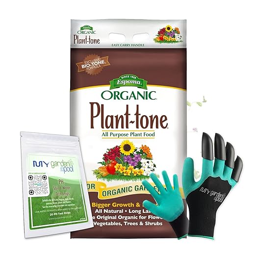 Espoma PT18 Organic Plant-Tone 5-3-3; 18 lb. Bag; with My Garden Pool PH Soil Test Strips 20 ct, and Superior Gardening Claw Gloves and Garden-IQ, Smart Gardening AI Assistant!