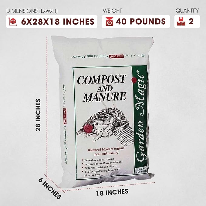 Michigan Peat 2-Pack Compost and Manure Blend, Garden Magic Mix w/Odor-Free Blend, 40 Lbs - Outdoor Lawn and Gardening Mixture with Nutrients and Minerals for Soil Potting and Planting