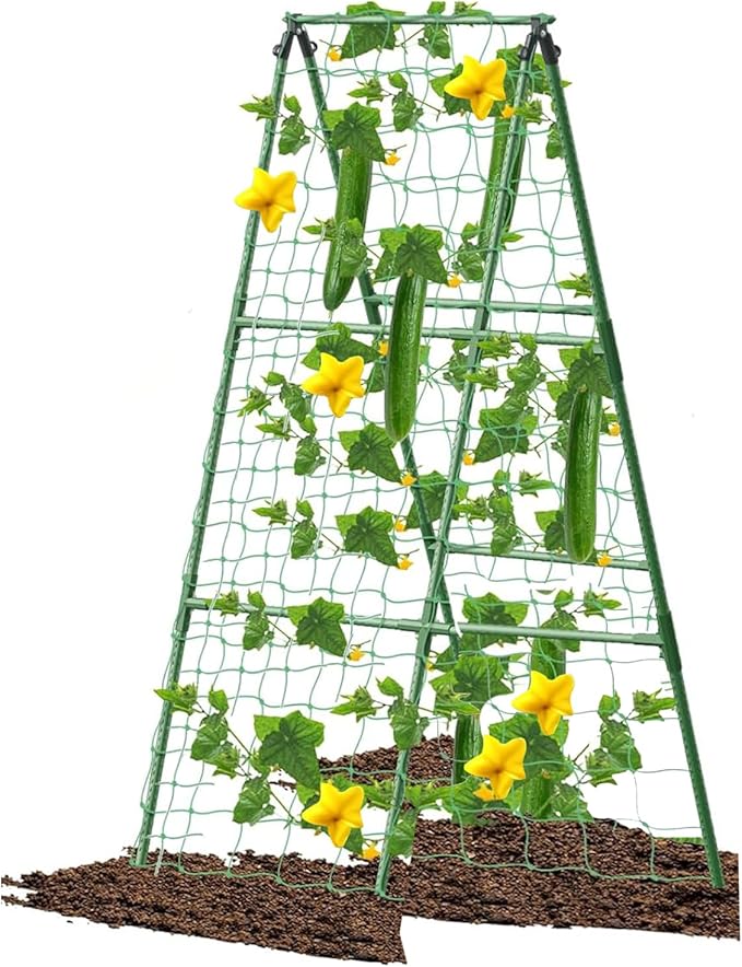 Updated A-Frame Cucumber Trellis for Raised Beds, Adjustable Size Garden Trellis for Climbing Plant Outdoors with Climbing Net and Plant Support Clip for Vegetable Grape Tomato Garden Supplies