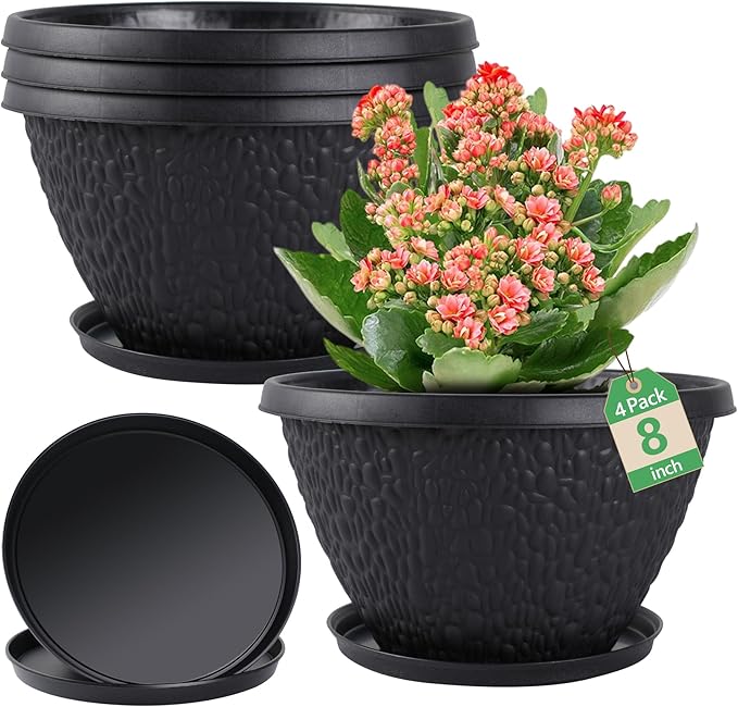 4 Pack 8 inch Plant Pots for Outdoor Indoor, Durable Flower Pots with Drainage, Indoor Outdoor Planters for Herbs Flowers (Black Pebbles Design)
