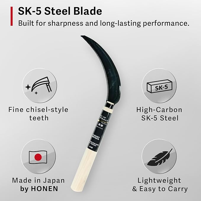 HONEN Japanese Real Edge Saw Sickle, SK-5 Steel Blade with Micro-Chisel Edge for Harvesting, Rope Cutting, and Grass Cutting, Made in Japan