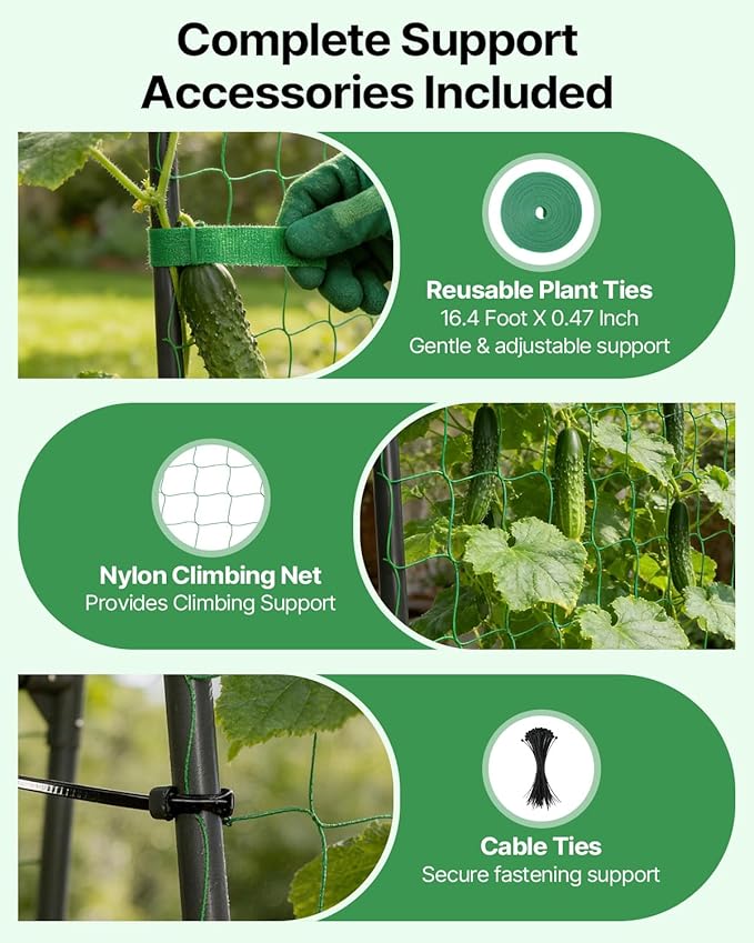 Suteck Garden Arch Cucumber Trellis – 85" Metal Garden Trellis Arch with Nylon Net for Climbing Vegetables, Vertical Plant Support for Raised Beds, Backyards & Patios, Ideal for Home Gardeners