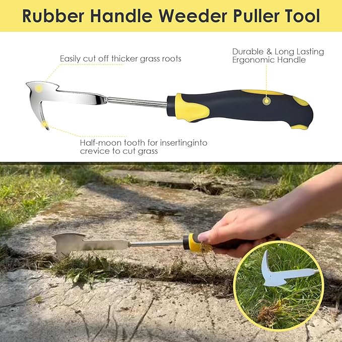 Weed Puller Tool, New 6 Teeth Garden Weed Remover Tool, Stainless Steel Rubber Handle Manual Weeder Tool, Uprooting Weeding Tool for Gardening Farm Planting & Weeding