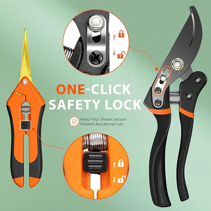 Decerk® 2 Pack Pruning Shears Set, 8.5" Bypass Hand Pruner & 6.5" Precision Snips with Sharp SK5 Steel Blades, Garden Clippers Scissors for Fresh Branch Plant Flower Bonsai