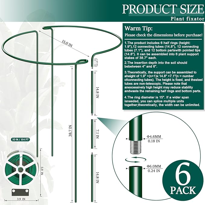 6-Pack 38.7” Plant Support Stakes, Steel Plant Cage & Peony Tomato Hydrangea Cage, Garden Stakes for Outdoor Plants, Heavy-Duty Plant Stakes, 16.7” Support + 22” Extension Tubes