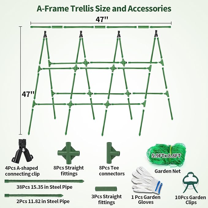 A-Frame Cucumber Trellis for Raised Bed - 47 x 47in, Heavy-Duty Detachable Garden Trellis with Netting & Clips, Support for Climbing Outdoor Cucumber, Tomatoes, Luffa, Bitter Melon, Vining Flowers