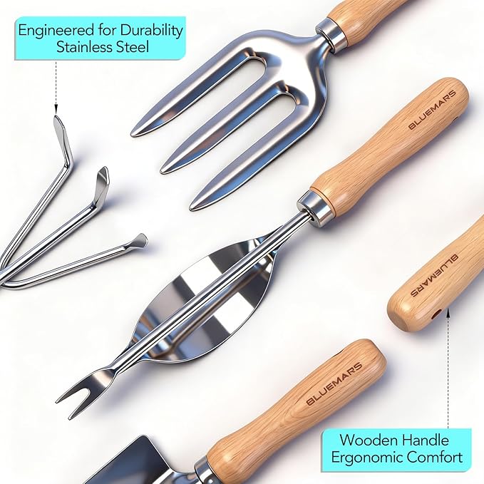 Bluemars Gardening Hand Tool Kit 14PCS Heavy Duty Stainless Steel Garden Tool Set with Floral Garden Tote -Outdoor Gardening Transplanting Gifts for Woman
