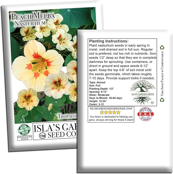 Peach Melba Dwarf Nasturtium Seeds (Tropaeolum nanum) – 30+ Heirloom Non-GMO Seeds by Isla’s Garden Seeds, Compact Edible Flower, Cream Peach Blooms with Red Centers, Container Friendly, Fast Growing