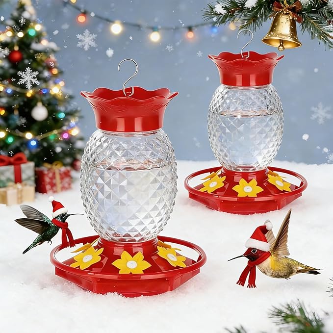 Fchstaer Glass Hummingbird Feeders for Outdoors Hanging Ant and Bee Proof 16OZ 2 Pack Clear Pineapple Humming Bird Feeder with 6 Feeding Ports and Ant Moat Hummingbird Gifts for Women Garden Decor