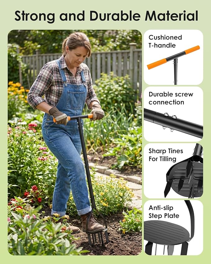 Hand Tiller for Gardening, 40 Inch Manual Soil Tiller with 8 Sharp Steel Teeth, Ergonomic T-Handle Garden Cultivator for Lawn, Planting, Tilling & Aerating