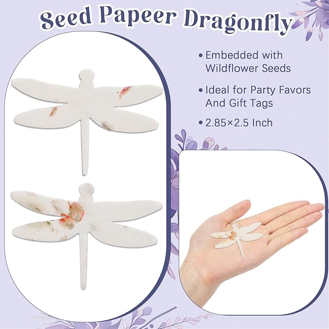 50 Pcs Handmade Seed Paper Plantable Wildflower Seed Paper Recycled Flower Petals Tags Wedding Favors for Guests Craft Gifts Cards for Envelope Birthday Party, 5 Styles (Dragonfly Shape)
