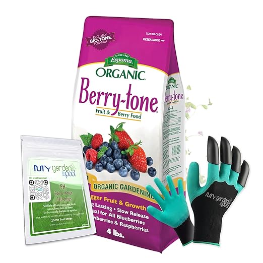MYGP BR4 Organic Berry-Tone 4-3-4; 4 lb. with My Garden Pool PH Soil Test Strips 20 ct, and My Garden Pool Superior Gardening Claw Gloves and Garden-IQ, Smart Gardening AI Assistant!