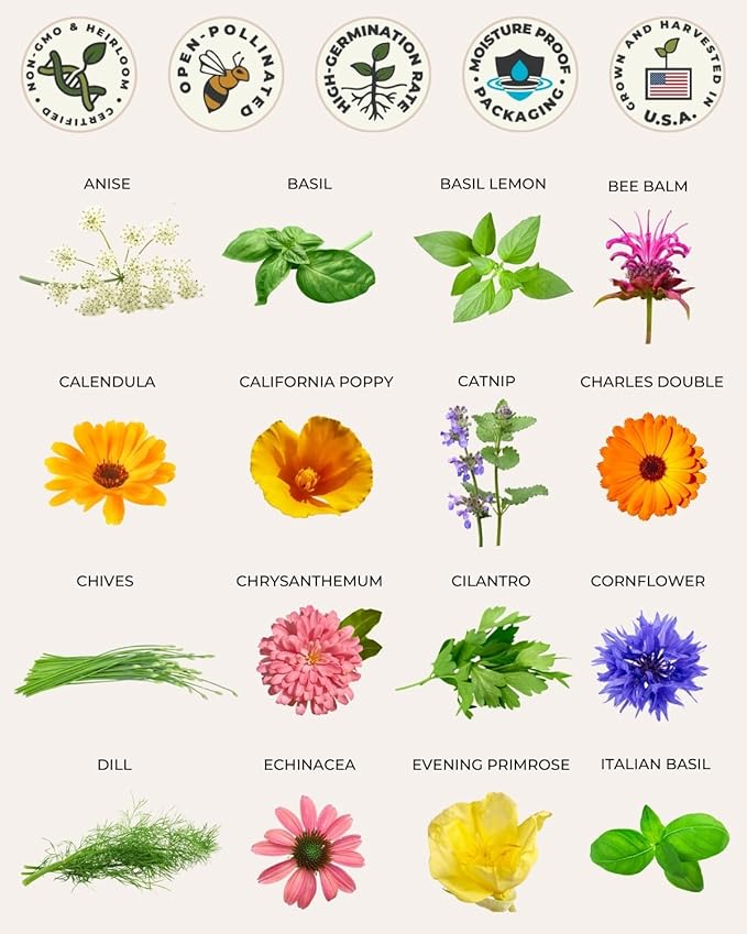 35 Tactiko Edible Flower & Herb Seeds Kit Variety - USA Grown Heirloom Non-GMO Open-Pollinated Seeds for Planting - Indoor Outdoor Gardening - Survival Long-Term Storage - Resealable Mylar Bag