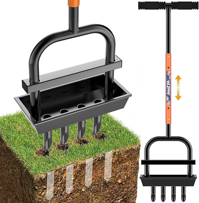 Updated Lawn Aerator Tool with Soil Core Collection Tray, Lawn Core Aerator with 4 Tines Manual Grass Aerator, Spike Lawn Coring Aerator for Yard Lawn Aeration Soil Loosening Garden Tool, Coral