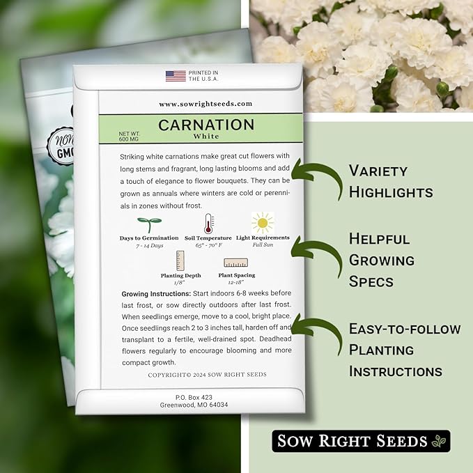 Sow Right Seeds - White Carnation Seeds for Planting - Grow Beautiful Dianthus Blooms in Your Garden - Perfect for Growing Outdoors or Using for Bouquets - Non-GMO Heirloom Vibrant Garden Flowers (1)