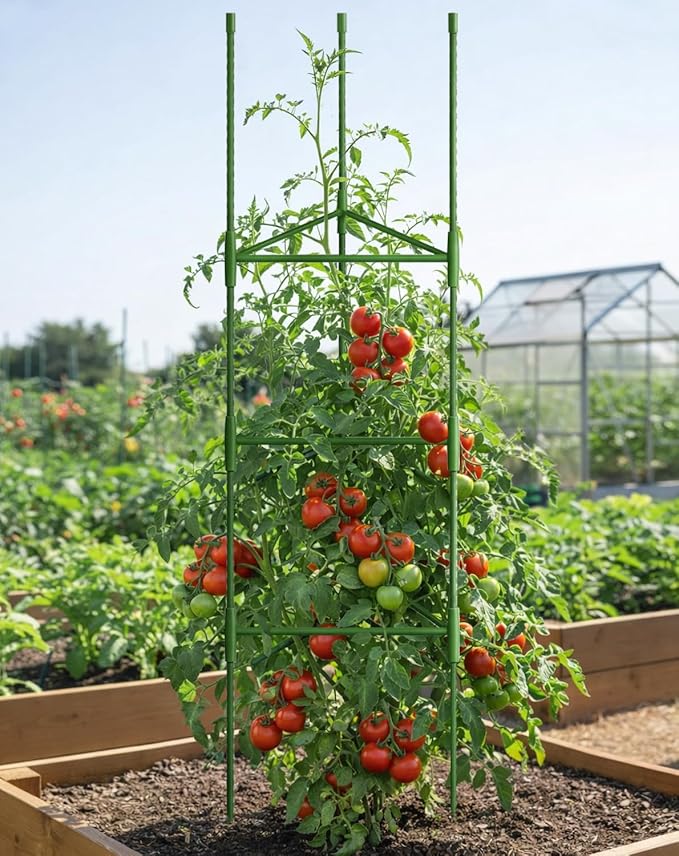 Growsun 51 inch Tomato Cage Heavy-Duty Plant Support Cucumber & Vine Vegetables – Adjustable Green Metal Garden Trellis for Climbing Plants, Indoor & Outdoor Use, 3 Pack