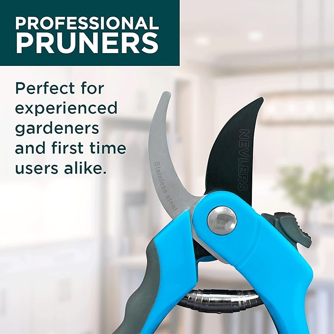 Nevlers 8" Blue Bypass Pruning Shears Heavy Duty | Ergonomic Plant Shears & Floral Scissors w/Steel Blades & Safe Lock | 8mm Cut Garden Clippers Handheld Pruning Scissors for Flower Stems & Branches