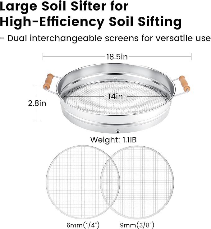 Stainless Steel Soil Sifter with Wood Handle - 14 Inch Large Garden Sieve & Compost Screen Pan for Dirt, Rocks, Gravel & Sand - 2 Heavy Duty Rustproof Replaceable Meshes (6mm & 9mm)