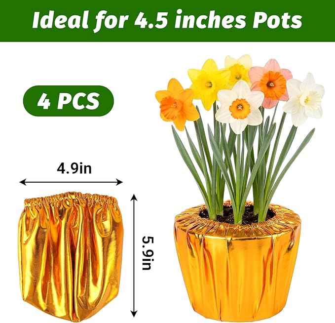 4 Pack Plant Pot Covers, Decorative Plant Sleeve Fit for 4.5 Inch Pots, Reusable Golden Cloth Wrap for Potted Plant, Versatile Planter Cover for Weddings Parties and Holidays (Fit for 4.5" Pots)