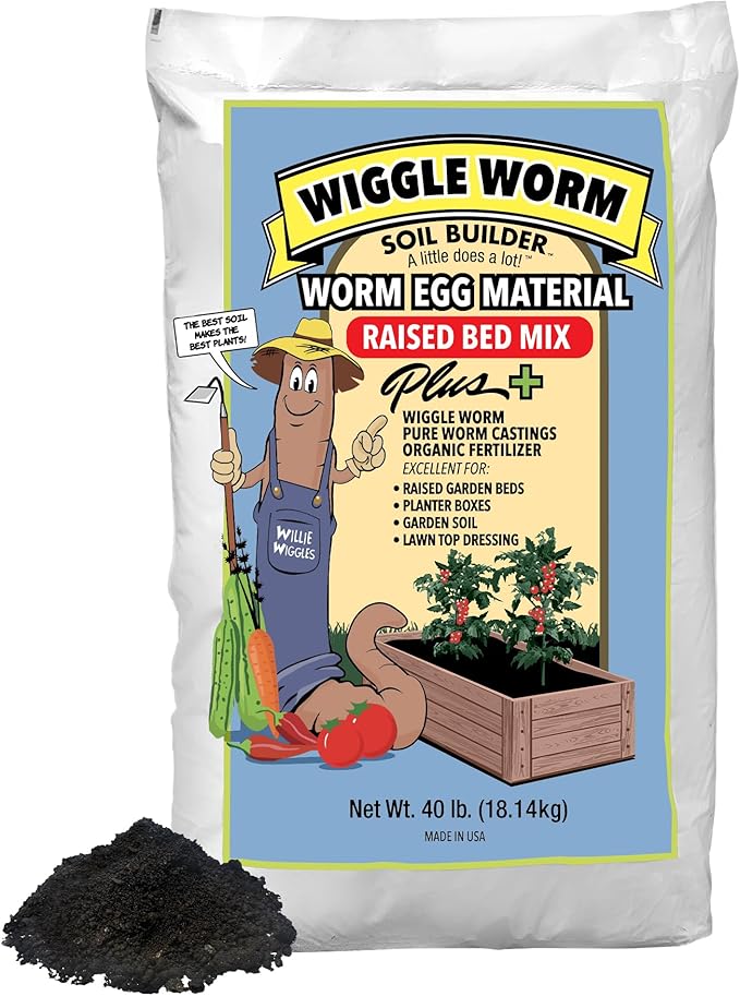 Raised Bed Mix, 40lbs - Organic Soil and Fertilizer for Container Gardening - Worm Egg Material Mixed with Odor Free Pure Worm Castings
