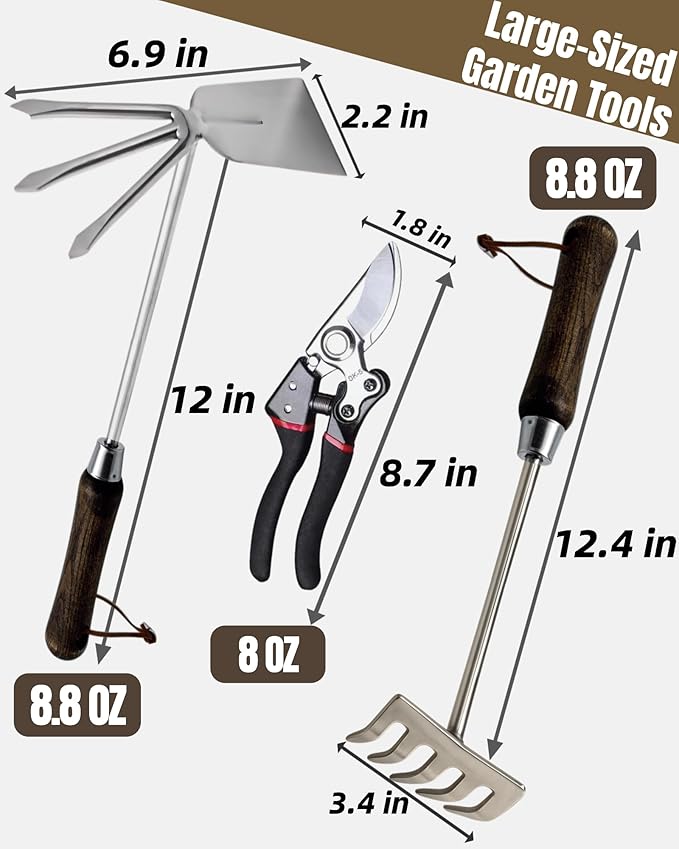 Garden Tool Set, 6PCS Heavy Duty Stainless Steel Gardening Hand Tools with Ropes, Includes Hand Cultivator Shovel Trowel Transplanter 2-in-1 Hoe Pruner Ideal Gardening Gifts for Women Men (Upgrade)