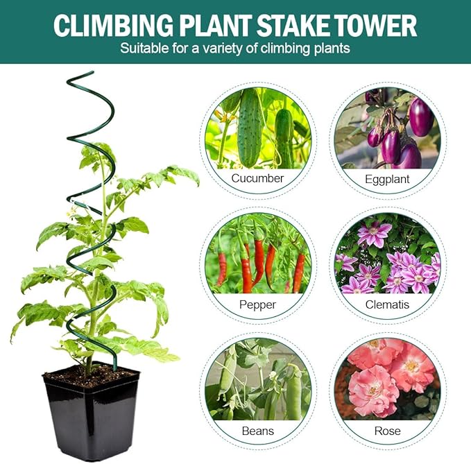 58" Plant Supports Spiral Tomato Cages, 10 Pack Metal Twisted Tomato Stakes Climbing Plant Stake Tower Outdoor Indoor