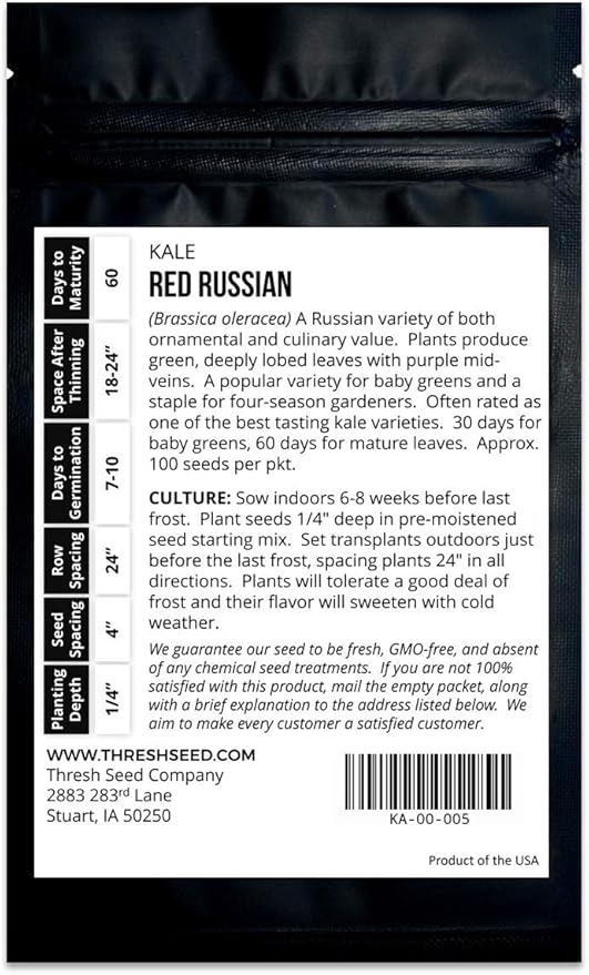 Red Russian Kale - 100 Seeds - Heirloom & Open-Pollinated Variety, Non-GMO Vegetable & Leafy Greens Seeds for Planting Indoors/Outdoors in Containers/Aerogarden/Home Garden, Thresh Seed Company