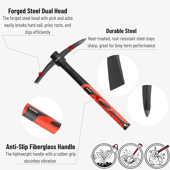 INTERTOOL Hand Pick Axe -15-Inch Forged Steel Weeding Mattock Adze Hoe 1.5 lb with Anti-Slip Fiberglass Handle - Heavy-Duty Garden Tool for Roots, Rocks, Digging & Camping HT08-0303