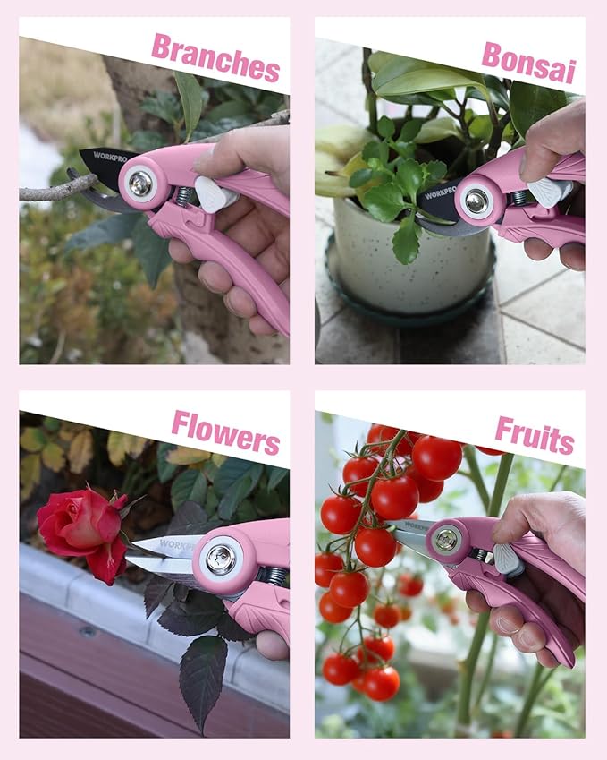 WORKPRO 2 Pack Garden Pruning Shears, 6.9" Bypass & Straight Shears, Premium Gardening Clippers for Flowers, Plants, and Fruit Trimming, Pink