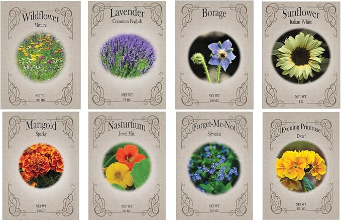 Set of 8 Pollinator-Friendly Wildflower Seed Mix – Grow a Thriving Garden for Bees, Butterflies & Hummingbirds – Non-GMO, Heirloom, High Germination – Wildflowers, Lavender, Sunflowers & More