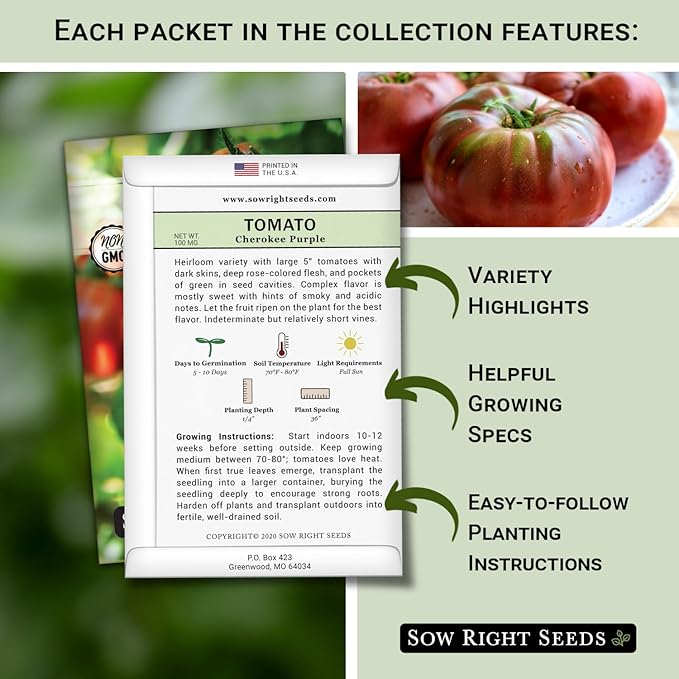 Sow Right Seeds - Classic Tomato Seed Collection for Planting - Cherokee Purple, Beefsteak, Large Red Cherry, Rutgers, and Roma Tomatoes - Non-GMO Heirloom Varieties Plant a Home Vegetable Garden