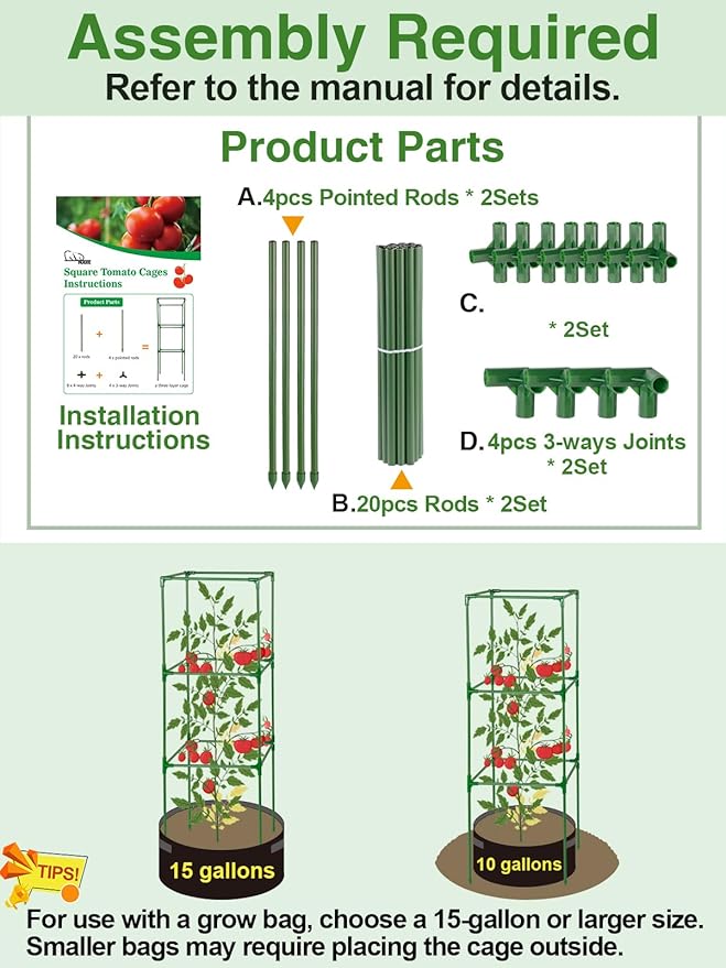45x14.5x14.5in Adjustable Tomato Cage for Garden - 2 Pack Easy to Assemble Square Tomato Plant Support Poles, Heavy Duty Metal Plant Tower Stakes Cucumber Trellis for Climbing Vegetable Flowers Fruits