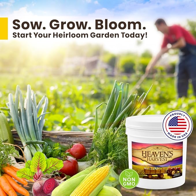 Heaven’s Harvest “10 Year Garden” Survival Seed Bank Kit | Over 50k Non GMO Heirloom Vegetable Survival Seeds + 2 Free Bonus Items: Clyde’s Garden Planner + Seed Vault Storage Drum for 10 Year Storage