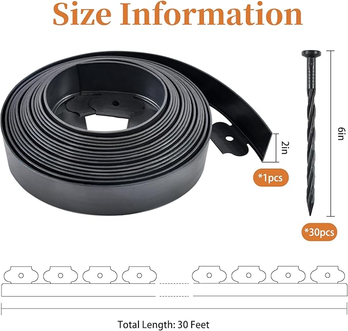 Garden Edging 30ft Black Landscape Edging, 30 Spikes for Lawn 2 Inch Tall