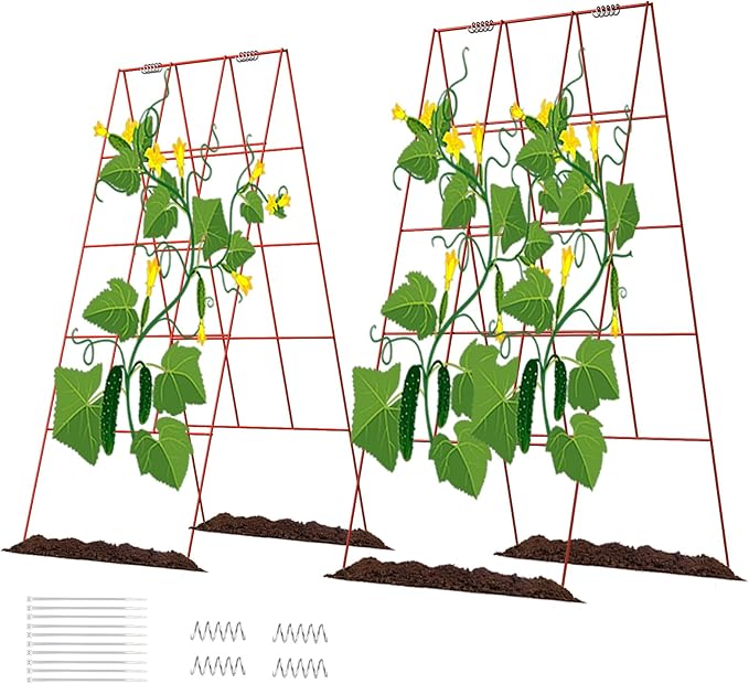 DOEWORKS Cucumber Trellis, 39" High Foldable A Frame Garden Trellis, 2 Pack, Plant Support for Climbing Cucumber, Beans, Tomatoes, Flowers, Red