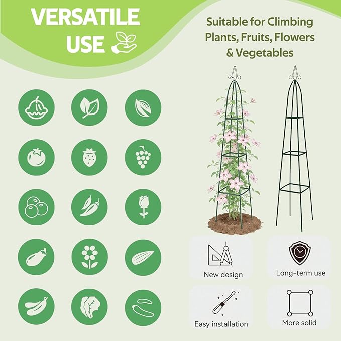 100% Metal Obelisk Trellis for Climbing Plants Outdoor - Heavy Duty Stone Coated Steel Garden Tower Trellis - Tall Sturdy Rustproof Vertical Plant Support for Climbing Vine Vegetables Flowers