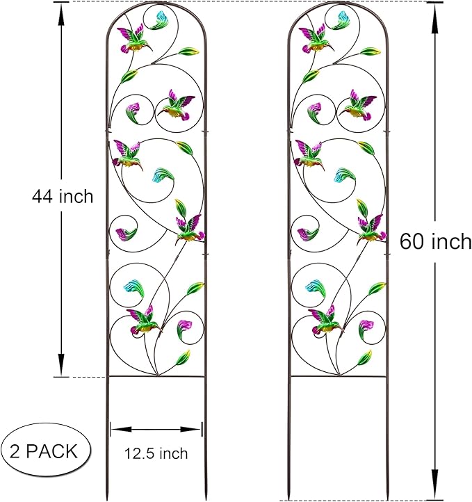 Set of 2 Hummingbird Metal Garden Trellis for Climbing Plants, Decorative Vegetables Flowers Vine Trellis for Outdoor Patio, 60'' H x 12.5'' W, Elegant Hummingbird Design
