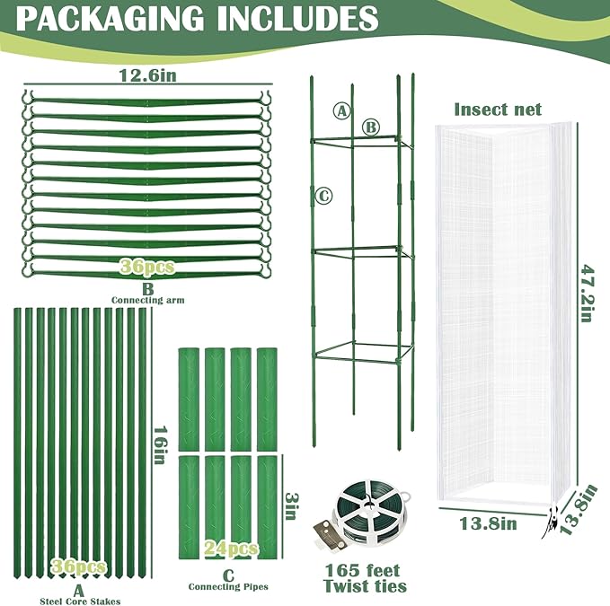 3 Pack Square Tomato Cage with Plant Cover Net 47'' Tall Plant Support Structures for Vegetables Large Climbing Plants Trellis Stakes for Garden, Pots, Raised Garden Bed Outdoor Supplies