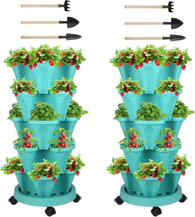 GameXcel Vertical Planter 5 Tier Stackable Planters Garden Planters Strawberry Herb Flower and Vegetable Planter Indoor Outdoor Gardening Pots with Removable Wheels and Tools