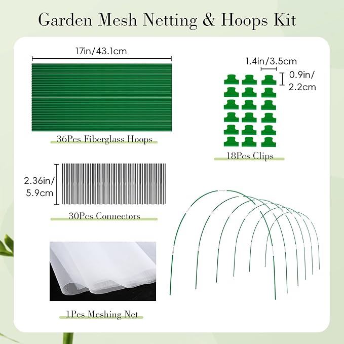 Garden Mesh Netting Kit with Hoops, 36Pcs Greenhouse Hoops Grow Tunnel Garden Covers for Raised Beds Fiberglass Frame Plant Protection Row Cover for Vegetable Fruit Flowers