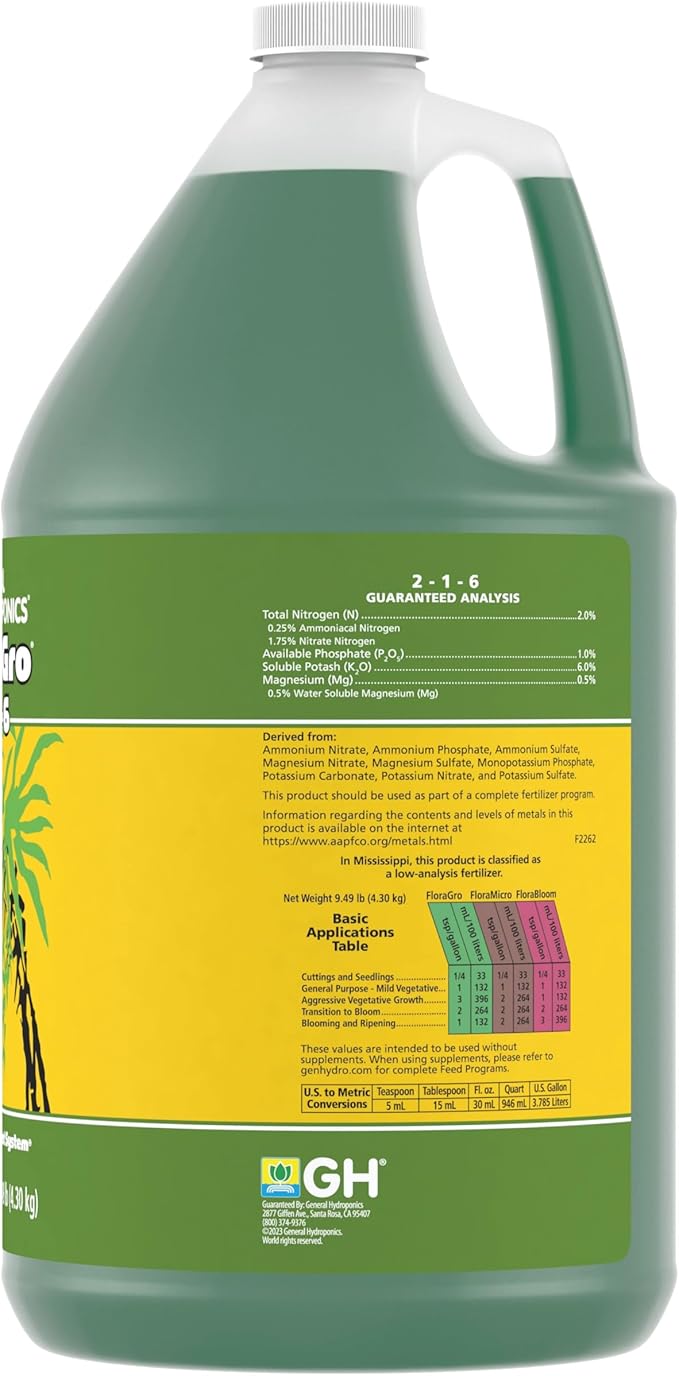 General Hydroponics FloraGro 2-1-6 Plant Food, Part of FloraSeries Advanced Nutrient System for Plants, 1 Gallon