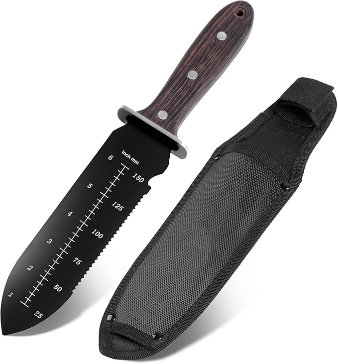 Hori Hori Garden Knife, Garden Tools with Sheath for Weeding, Planting, Digging, 7in/18.5cm Stainless Steel Blade, Full-Tang Walnut Wood Handle with Hanging Hole, Wooden Handle