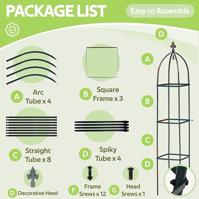 100% Metal Obelisk Trellis for Climbing Plants Outdoor & Indoor - Powder-Coated Steel Tower Obelisk Plant Support - Heavy Duty Rust-Proof Garden Trellis for Climbing Vine Vegetables Flowers Black