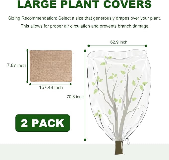 2 Pack 63 x 71 Inch Plant Covers Freeze Protection, Frost Cloth Plant Freeze Protection With Burlap Tree Wrap, Reusable Breathable Freeze Blankets With Drawstring for Fruit Tree Shrub Potted
