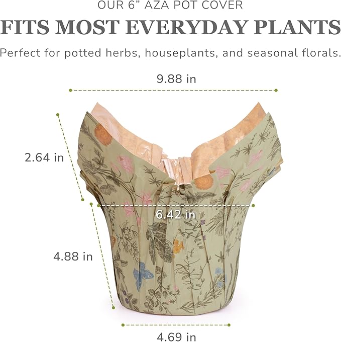 Premium 6” AZA Plant Pot Covers, Decorative Plant Sleeve for Indoor & Outdoor House Plants, Reusable and Gift-Ready for Flower Pots, Green-Print, Pack of 5